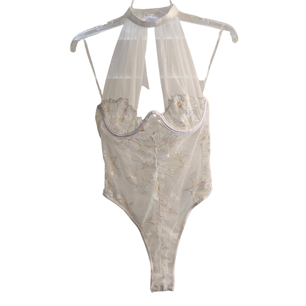Fashion Nova White Sheer Floral Embroidered Bodysuit Bridal Thong Underwire